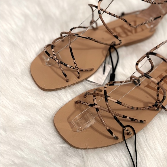 ZARA Snakeskin Print Lace up Gladiator Flat Sandals - Picture 7 of 14